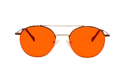 Chester Blue Light Blocking Glasses with round orange lens and a gold frame.