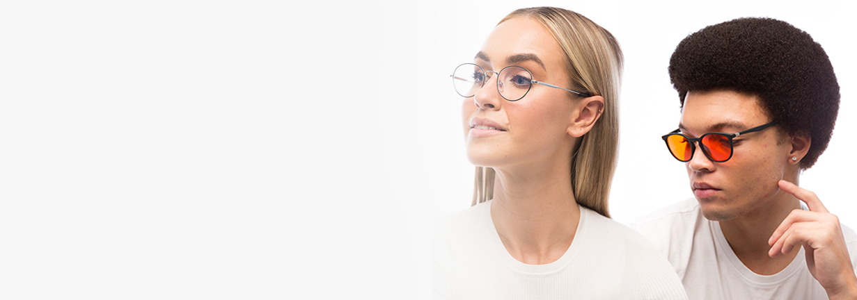 Two models wearing BON CHARGE blue light glasses