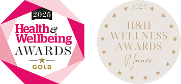 Two awards badges for Health & Wellbeing and H&H Wellness 2025, ne gold and one white with text and stars.